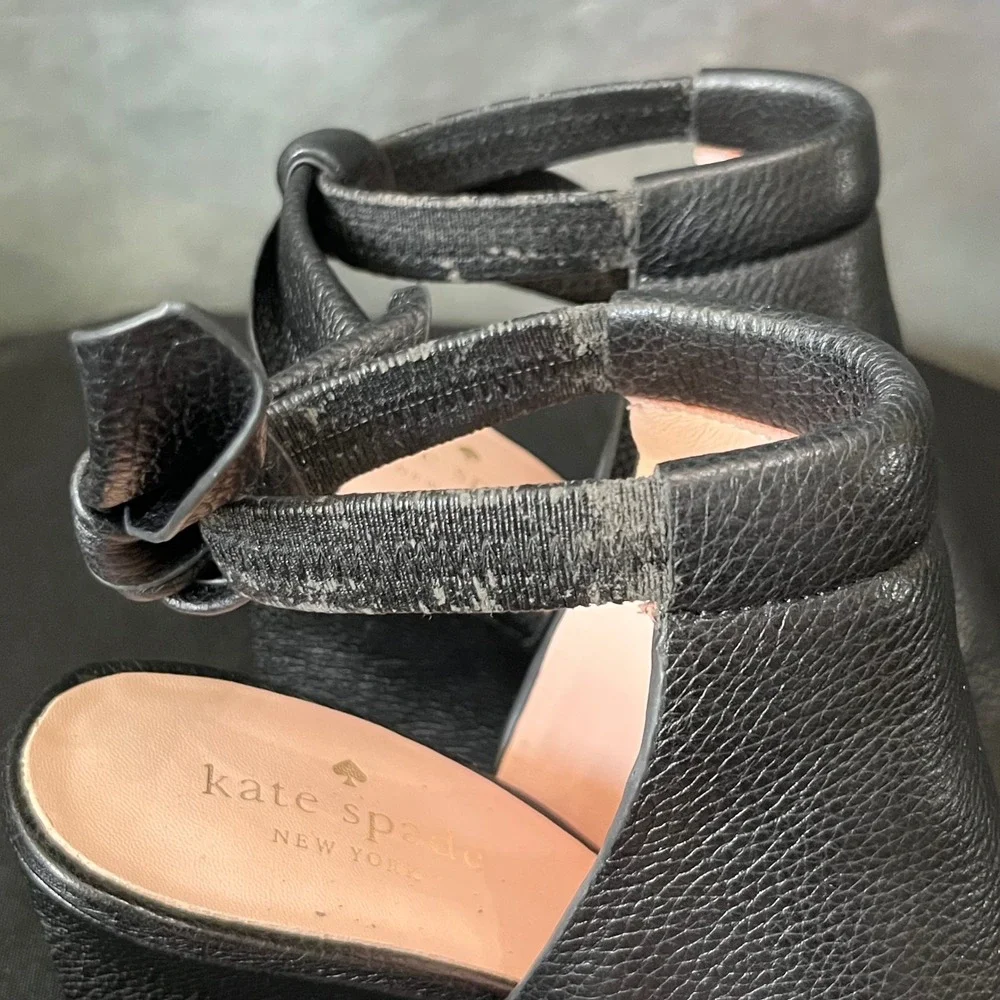Kate Spade Black Pebbled Leather Peep Toe Wedge Sandals with Ankle Tie Size 8.5M